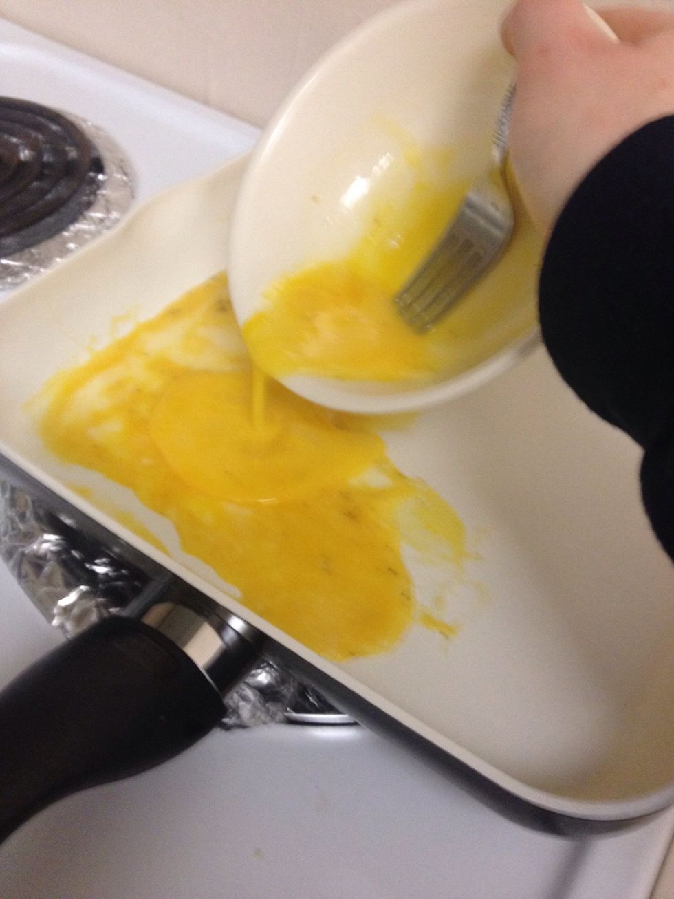 When the pan is hot enough for you to put your egg on it without it running all over the place, pour it in there