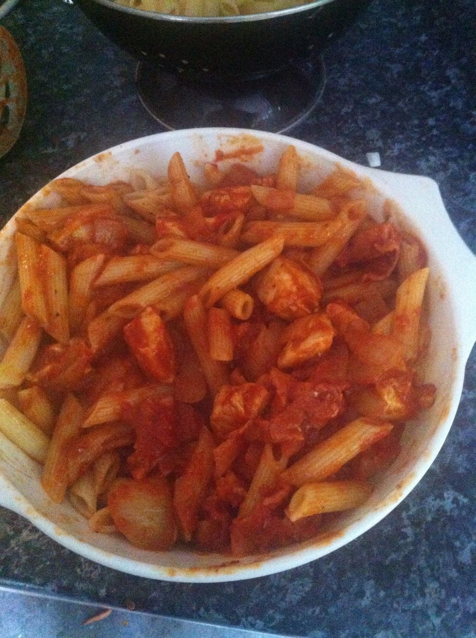 When the pasta is cooked add to the dish with the rest and stir all in with the remainder I the sauce