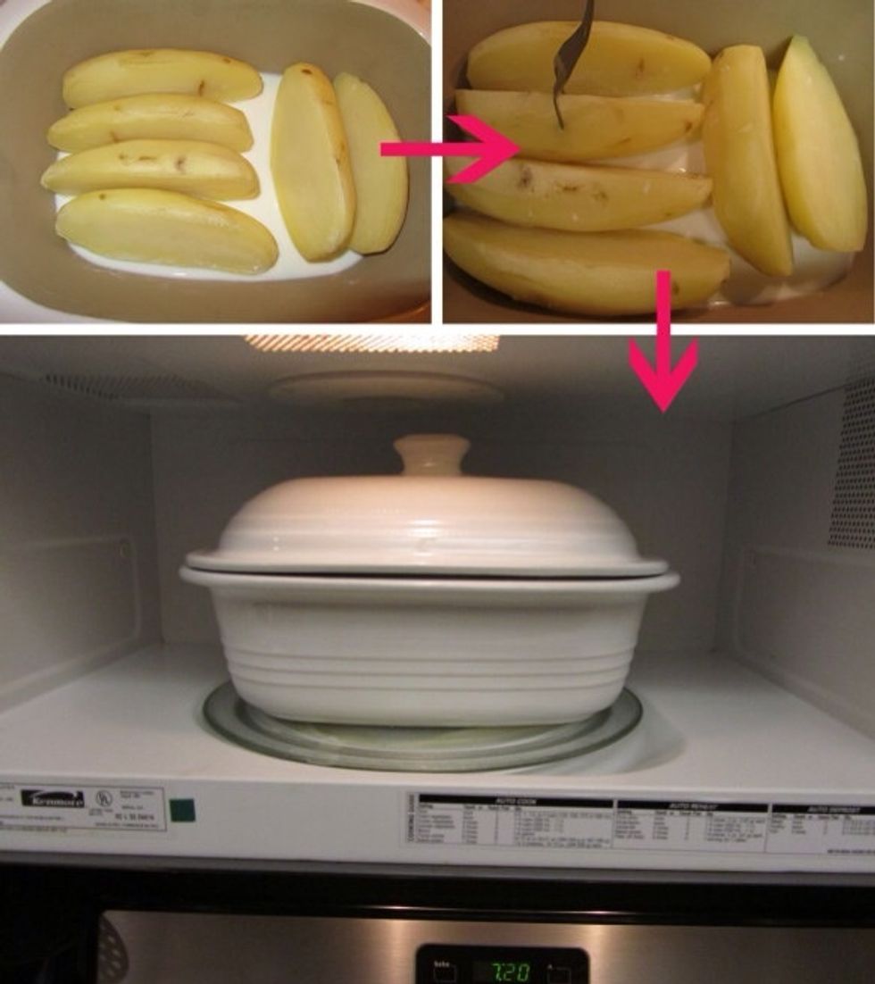 When the potatoes are done with the first 11 minutes, rotate them so that the center potatoes are on the outside. After this is done, recover the baker and microwave on HIGH for 8-11 minutes.