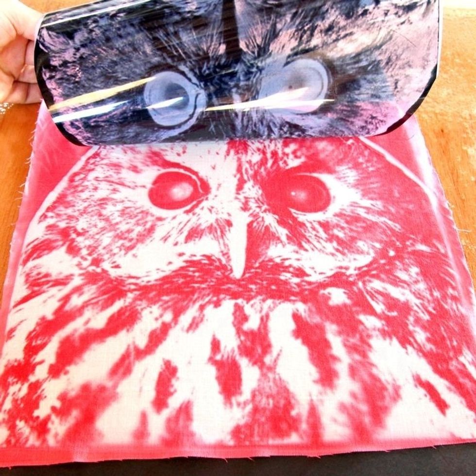 When the print looks bright and colorful, remove the pins and peel back the negative. Just look at that owl! All that's left to do is thoroughly wash your print.