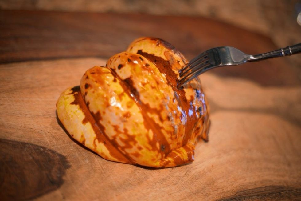 When the pumpkins are ready, the skin should be coming off the meat and it should be tender.