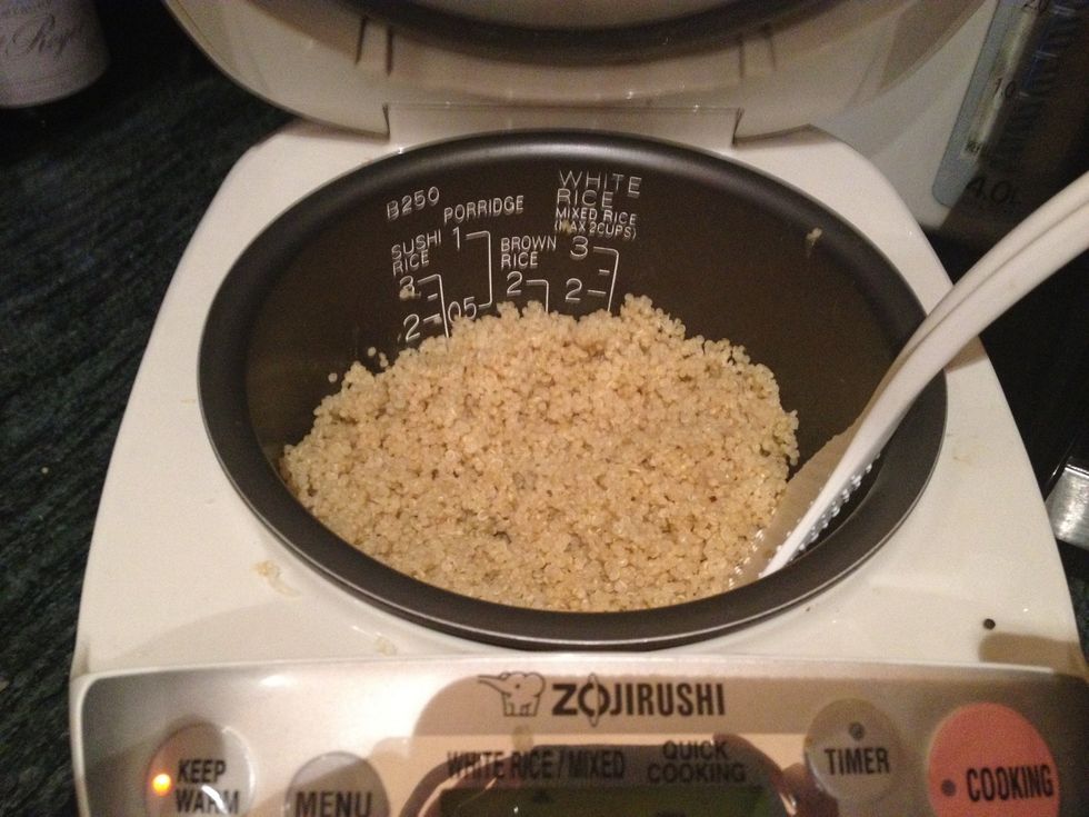 When the quinoa is done, remove from the rice cooker, and let it come to room temperature. You can stick the bowl in the freezer for 5 minutes to speed up the process.