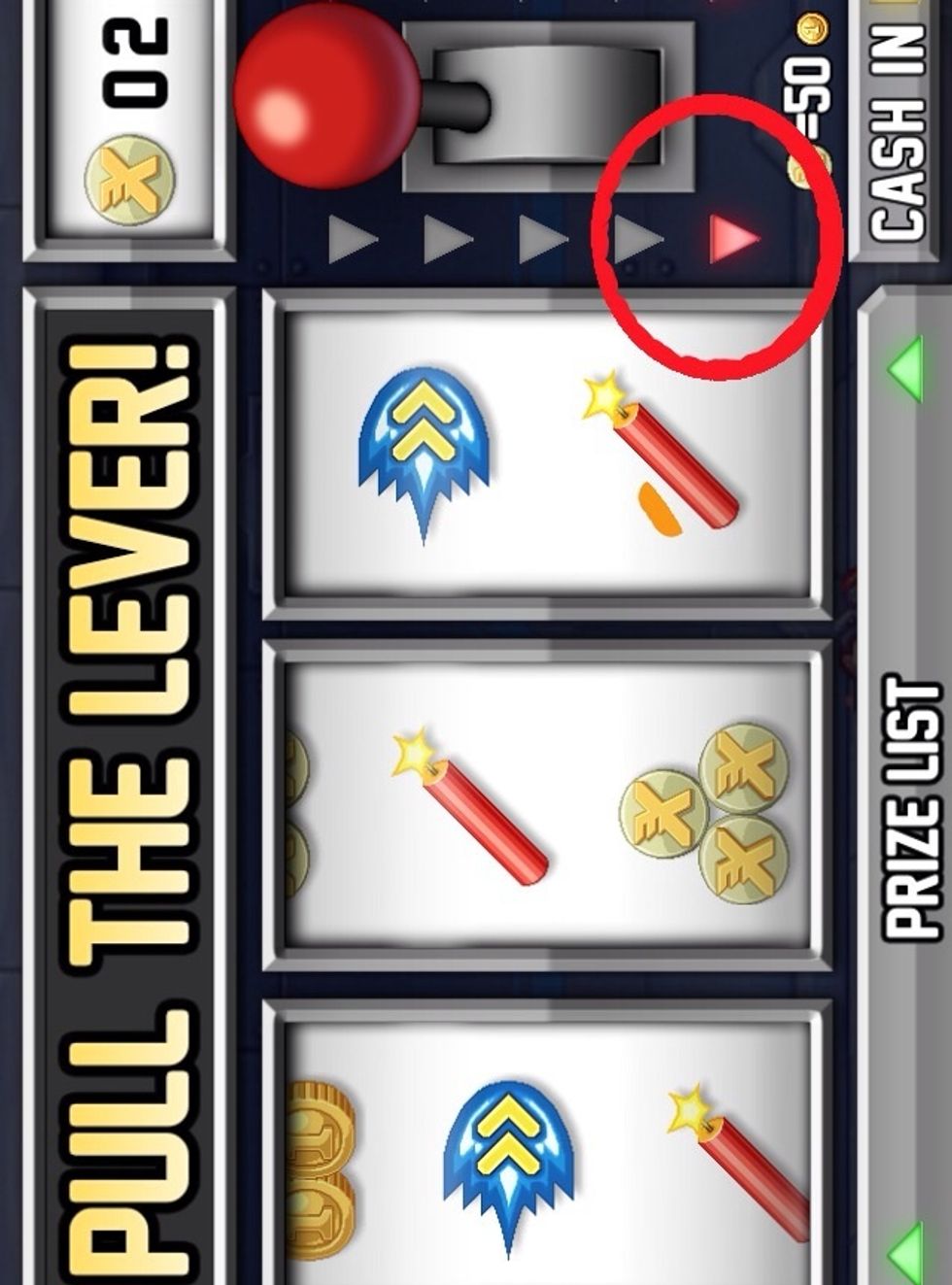 When the red arrows next to the lever get to the last arrow, SPIN!