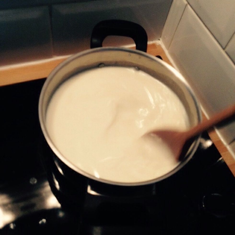 When the roux start browning add the milk gradually stirring constantly