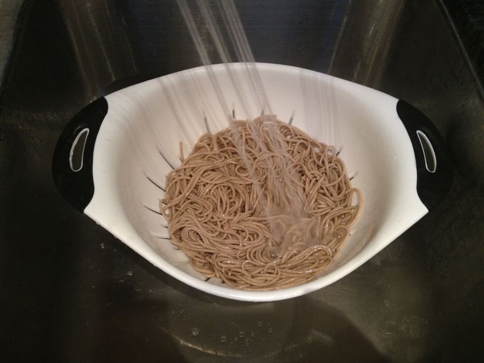 When the soba are done cooking, drain and rinse with cold water. Shake off as much water as possible, and let sit in the colander.