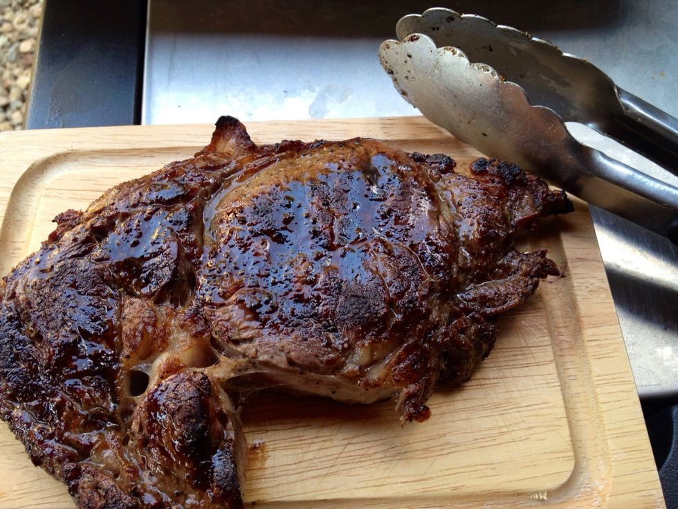 When the Steak is done to your liking, take it off the grill and set on a cutting board to rest for 10 minutes. This will keep all the juices and flavor in the Steak.