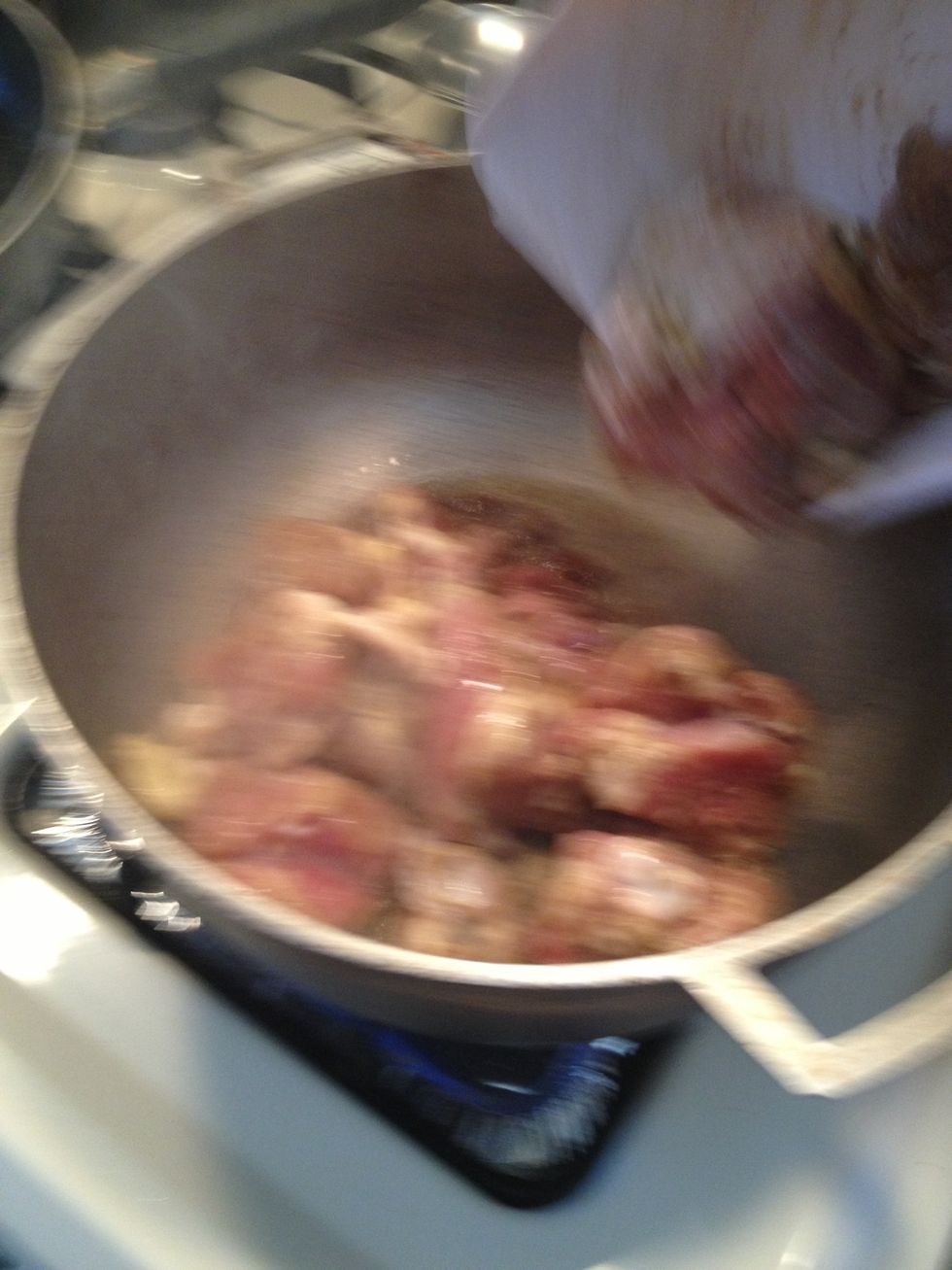 When the sugar has caramelized immediately add the chicken.