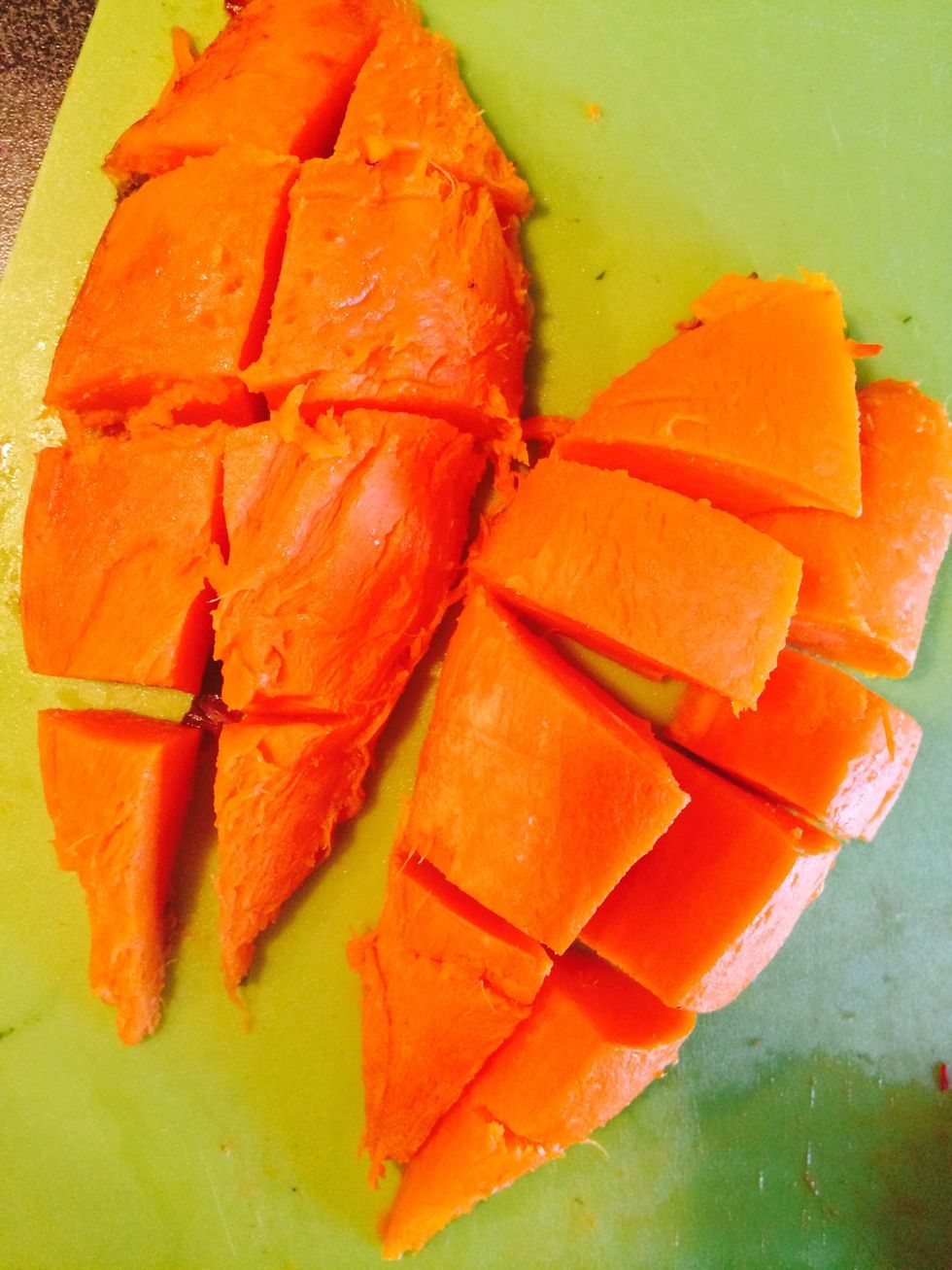 When the sweet potato is done, cut into squares/bites.