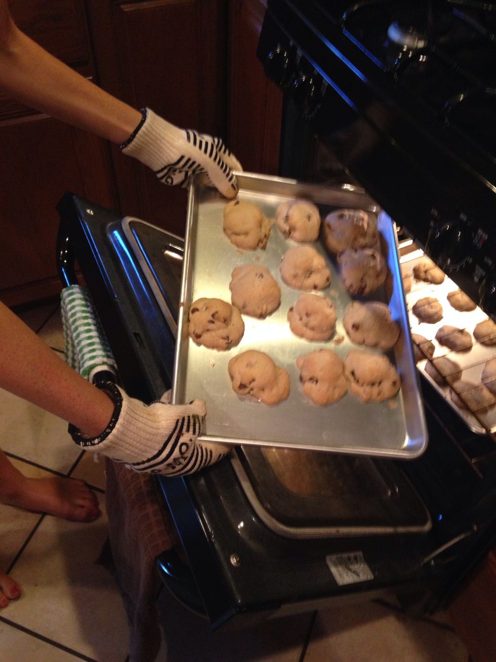 When the timer goes off, put on your gloves and take them out of the oven