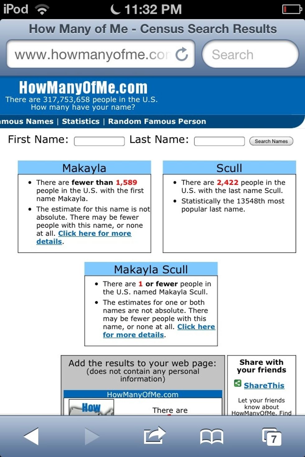 When the webpage finishes loading, this is what you should see. A box with your first name, last name, then one with your full name. Turns out my name is unique!
