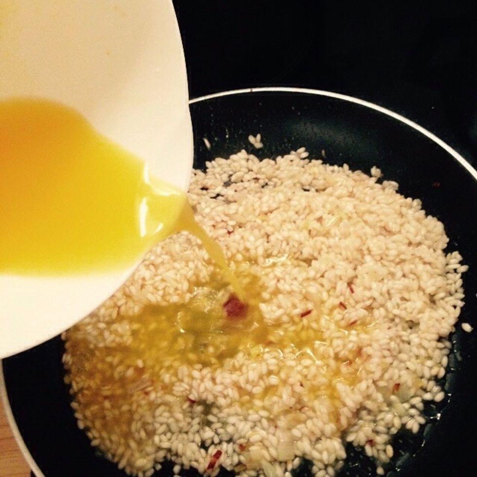 When the wine is almost completely evaporated, add the juice.