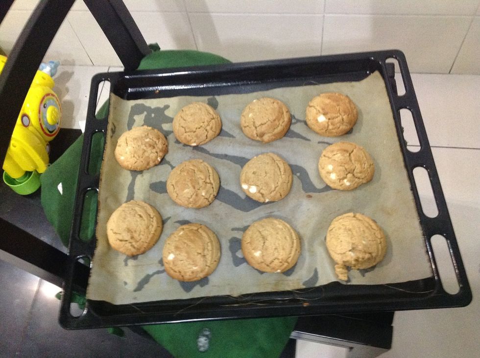 When they come out of the oven, they will be REALLY soft. Almost like bread. Leave them aside, and they will set as the cool. Btw the cookie on the most right bottom, my 2 year old niece did that -.-