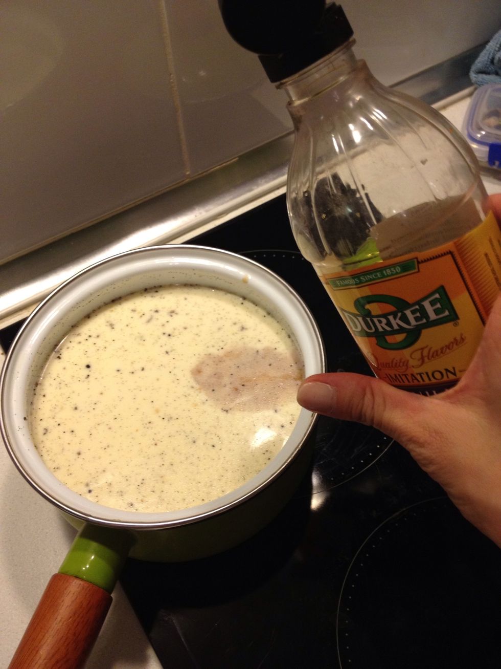 When u see a bit of steam coming up add vanilla extract, stir and take off the heat. U don't really need this since v use real vanilla, but i think it's nicer this way.