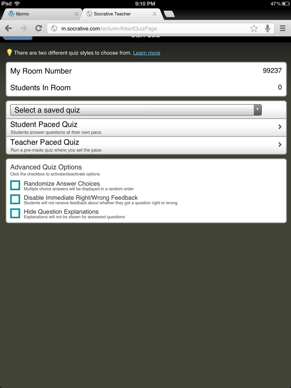 When viewing the quiz, the teacher can control deploying questions or allow students to pace the quiz. Advanced options allow teacher to activate explanation of answers or even randomize questions.