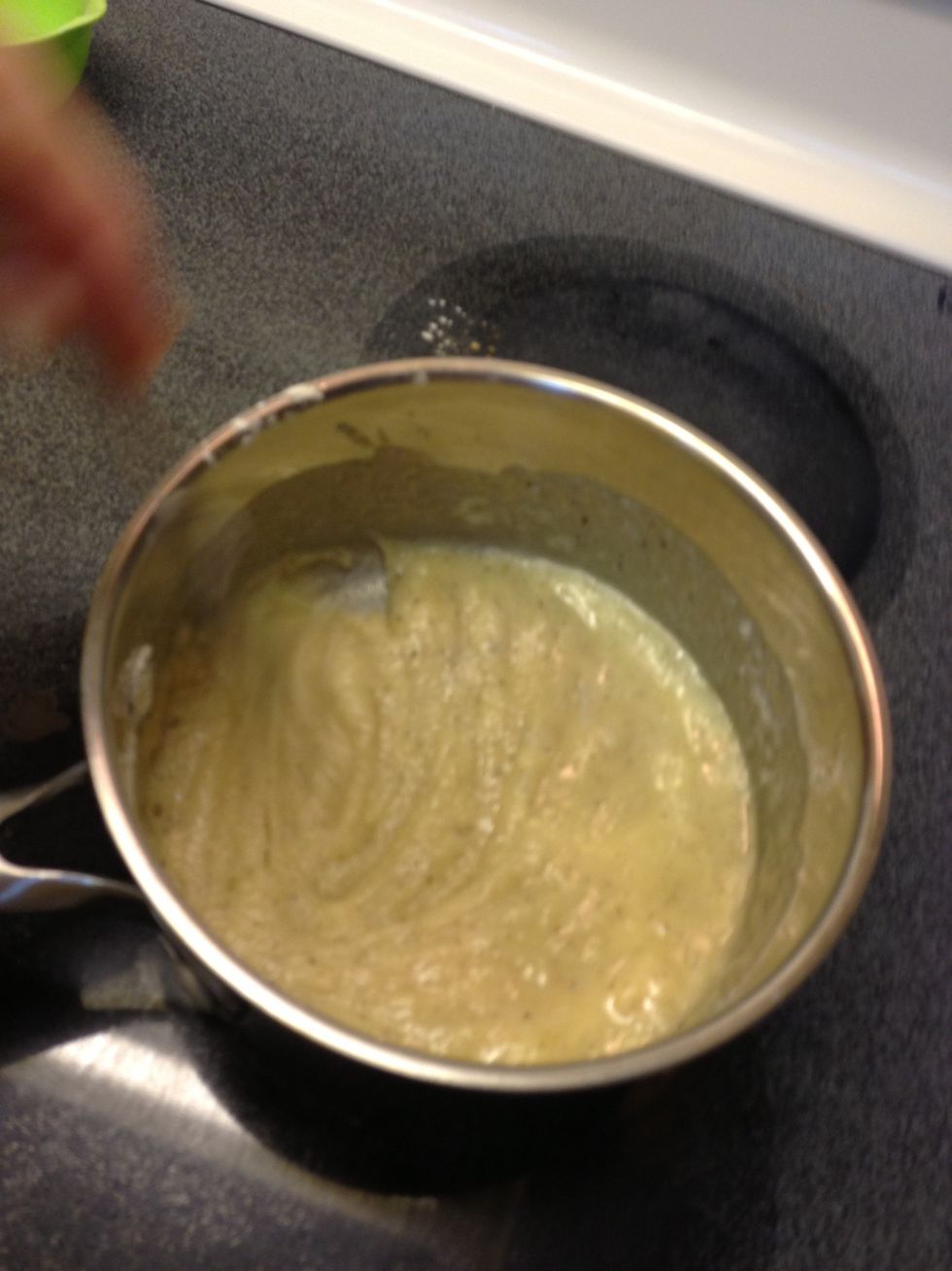 When well blended on medium heat, time to add 2 cups milk.