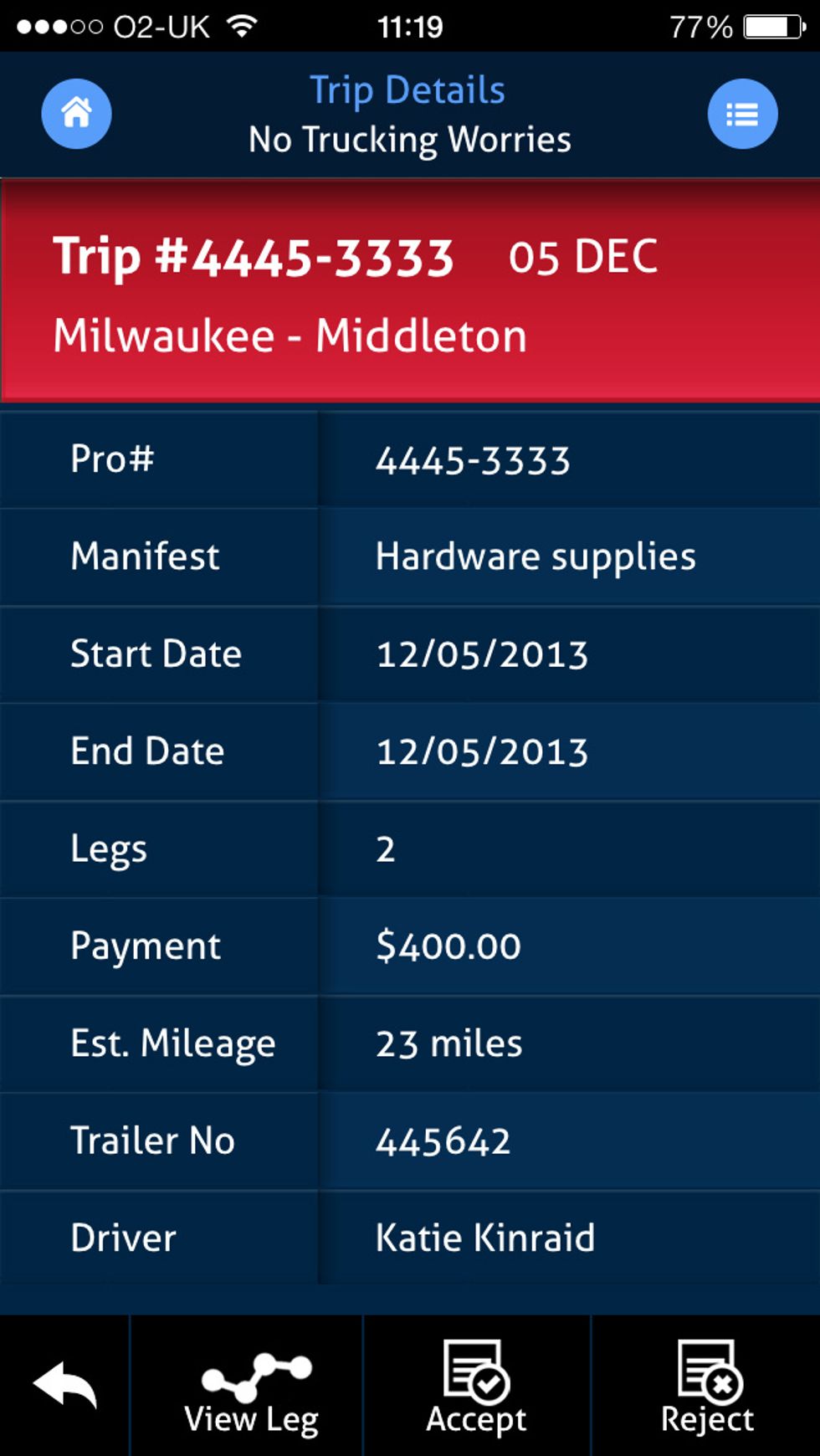 When you a ready to accept the trip, simply press the "Accept" button. Or alternatively "Reject" the trip. The trip will then be removed from your trip list.