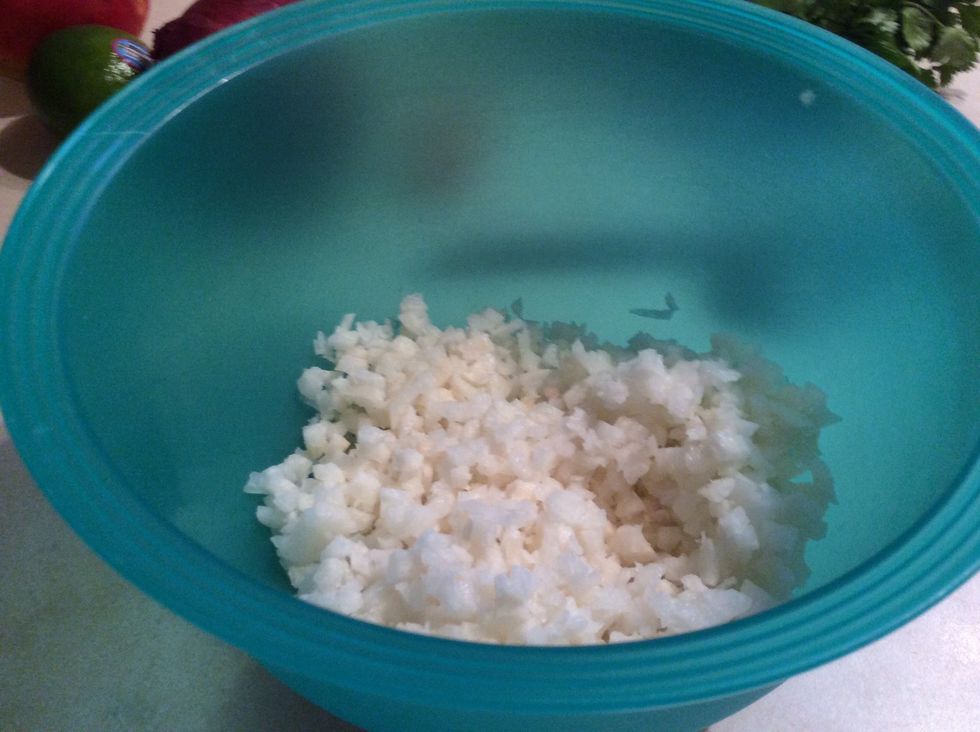 When you are done cutting it into tiny pieces, put it all in a descent sized bowl.