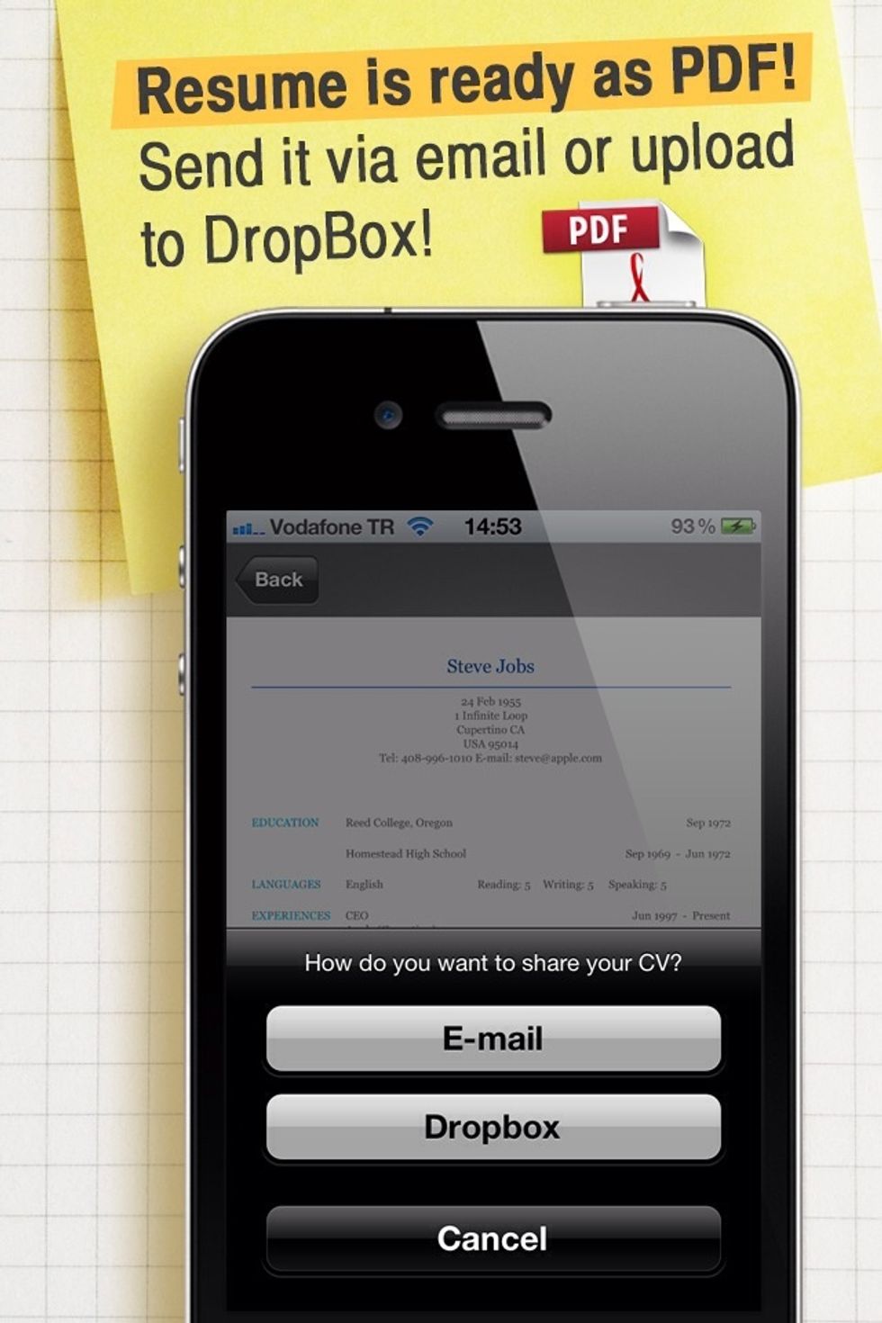 When you are done, tap the "Send" button and the app transfers all the data to a perfectly polished .PDF file. Use different styles and customize your resume.