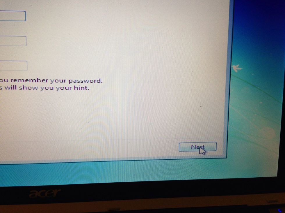 When you are finished entering a password (or are skipping this step), move the mouse to the next button and left click.