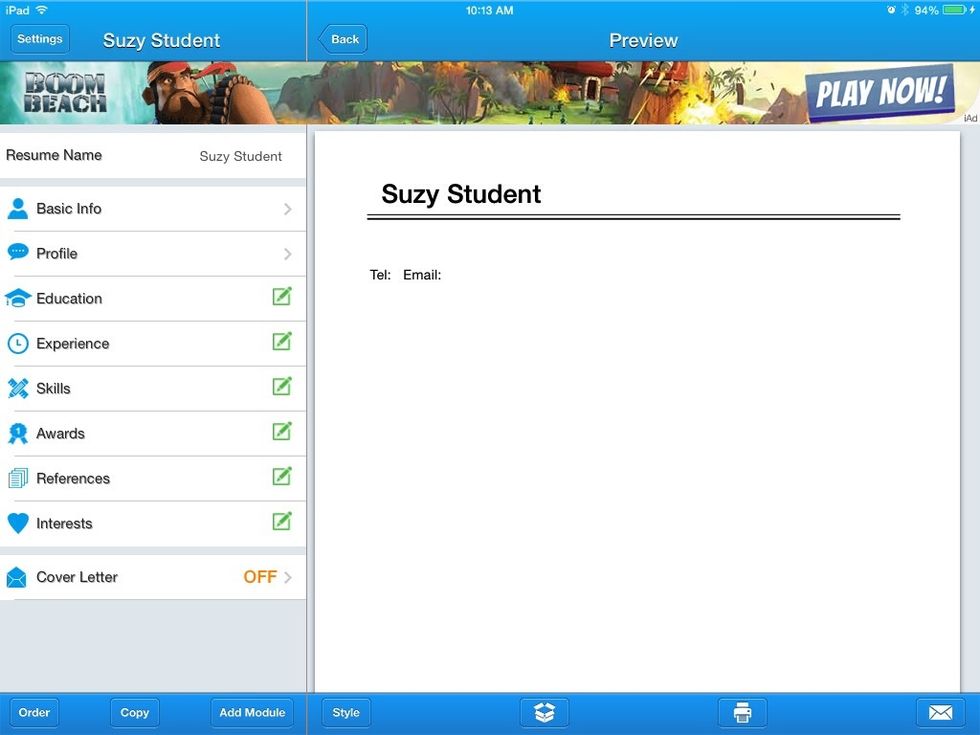When you are finished, hold down on the resume with one finger to reveal options below. If you are an EHS student, plan to click the e-mail icon at the bottom right.