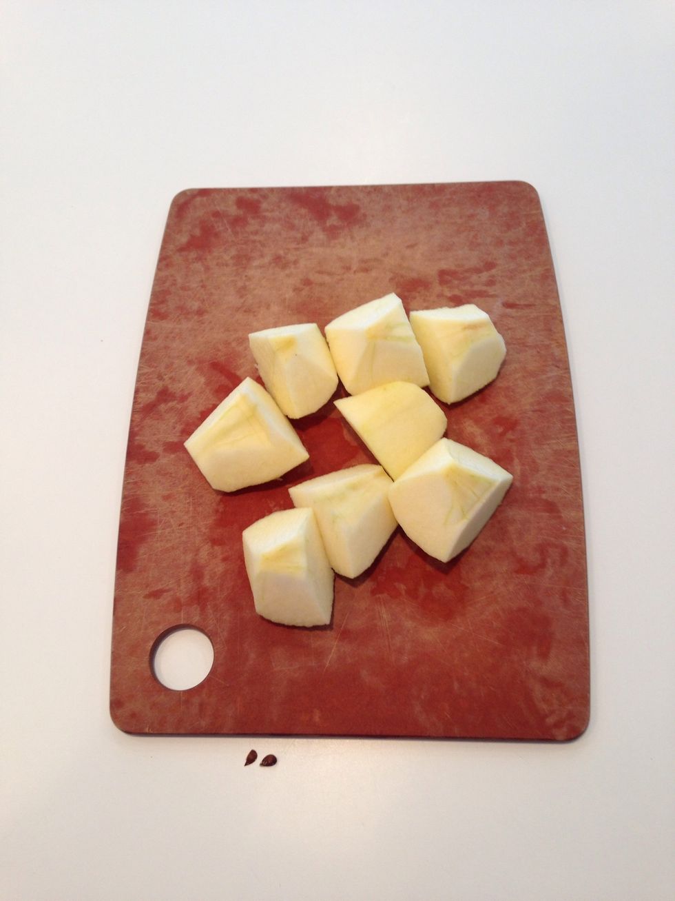 When you are finished peeling, core the apples and cut them in chunks. They're going in the Cuisinart . As is true with so many of my recipes, I say 1 cup, but use the whole apple. Close enough.