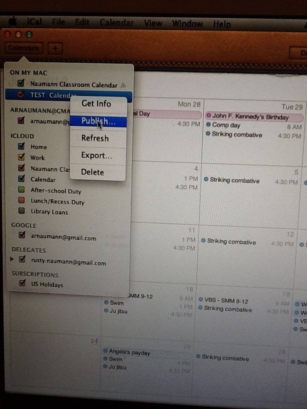 When you are ready to publish your calendar (remember you can add events even after the calendar is published), two finger click on the calendar you want to publish. Select "publish".