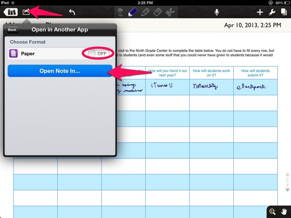 When you are ready to share, tap the action button, then select "Open Note In..."