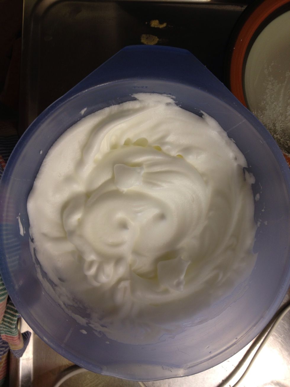 When you can turn the bowl upside down keeping the egg whites in the bowl they are ready. Set aside for now.