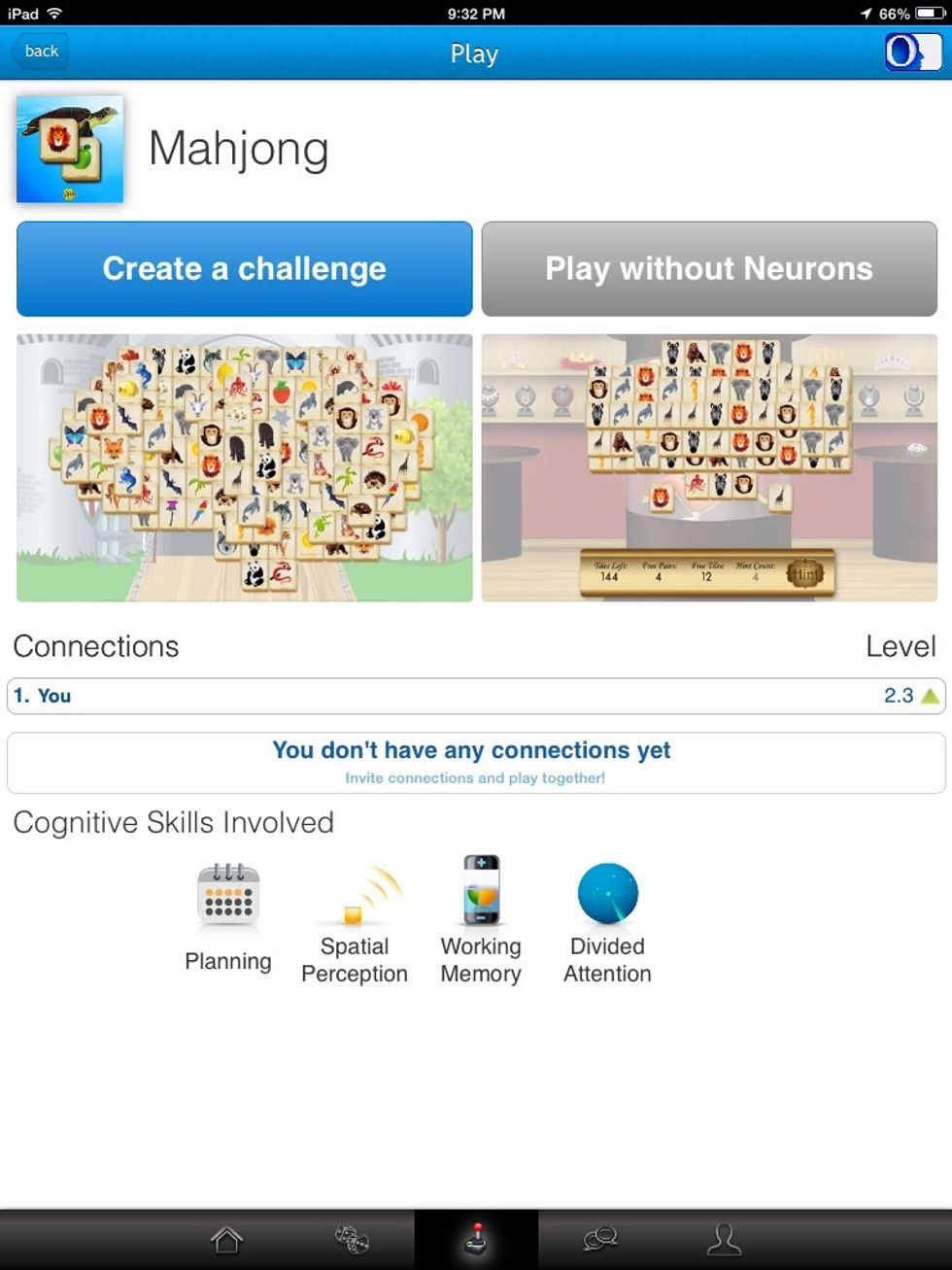 When you choose a game this screen will come up and let you either create a challenge with friends or play without neurons. It also shows you the cognitive skills involved in the game.