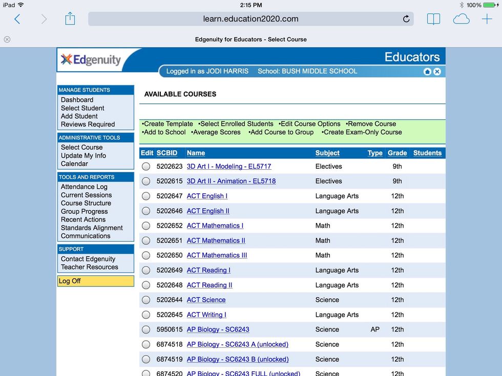 When you click select course from the toolbar on the right under admin tools, this pops up. Find your course. Look at the pull downs at the bottom and specify your subject.