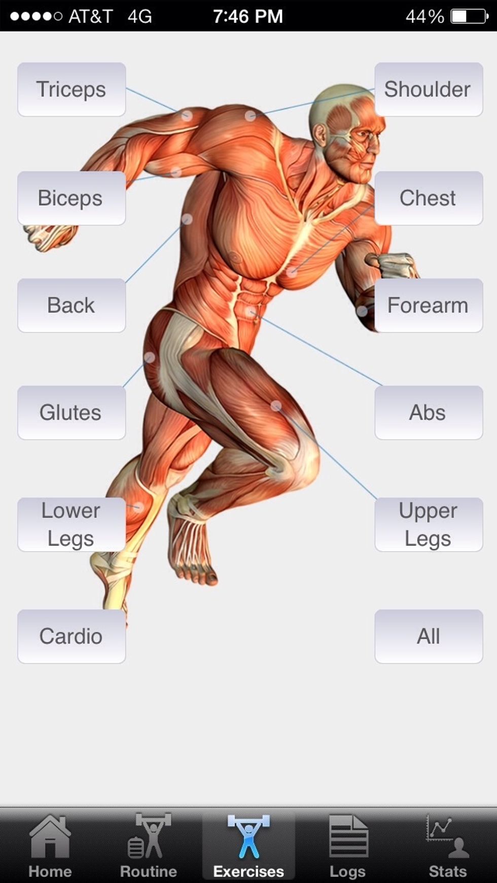 When you click the pencil this screen with the body appears. To select an exercise click the targeted area or choose all.