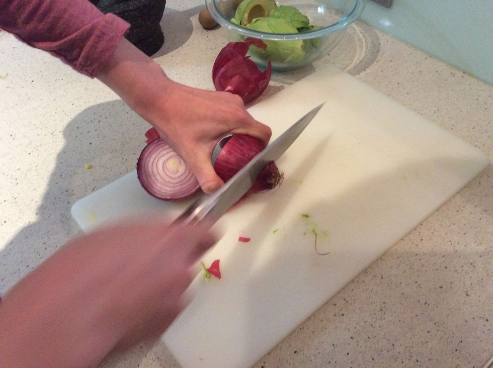 When you cut your onion make sure you cut of the ends and cut it into smaller pieces.