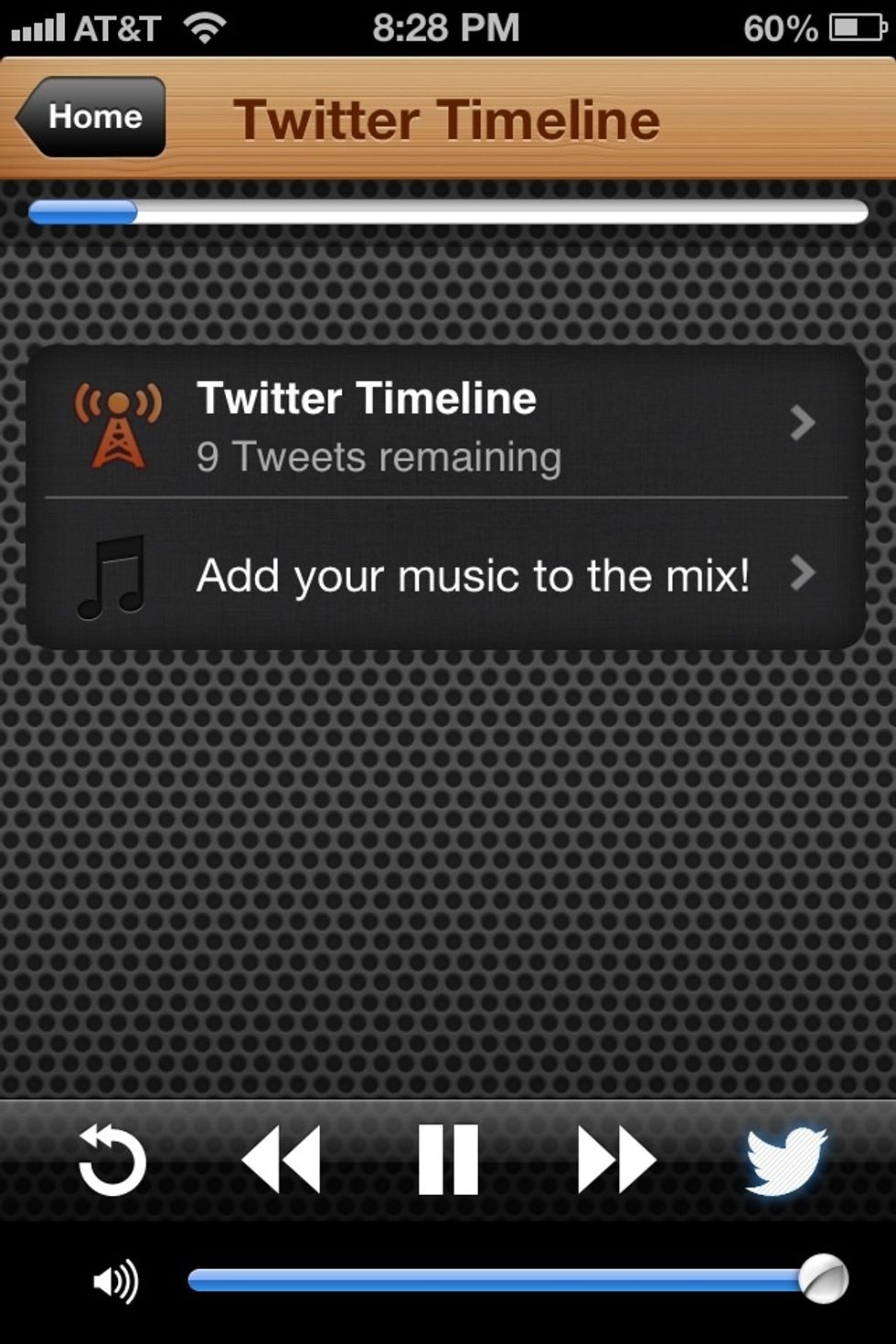 When you first start listening you'll hear a short musical intro. Then it'll read aloud the number of tweets you set it to play at start up. You can also listen to music along with the tweets.