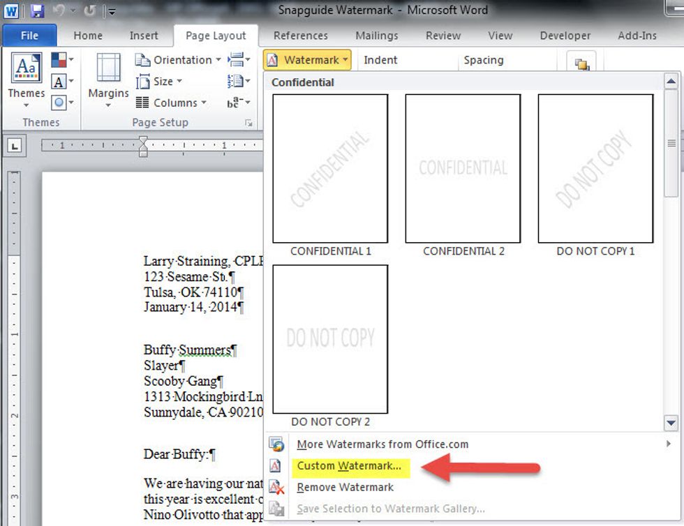 When you get to the watermark menu, choose the Custom Watermark option.