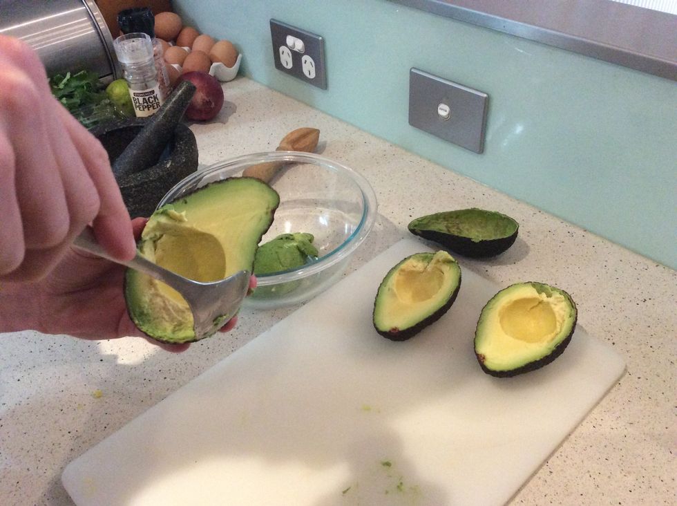 When you have cut your avocado scoop it out of the shell and into the bowl.