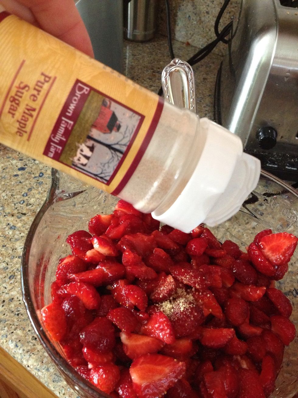 When you have finished cutting them all up, add in your sugar. You don't need a set amount, just use whatever you think is needed. Add in some water as well to keep them moist.