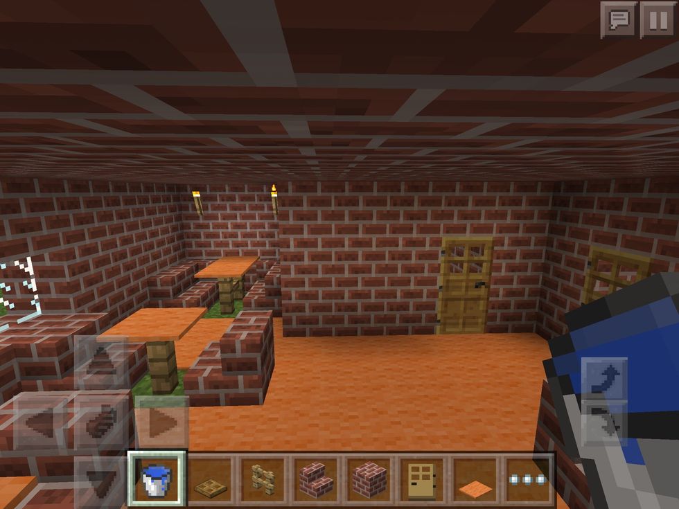 When you have finished with the toilet, make tables. It is the exact same process with the tables we made in the kitchen. Take the fence and carpet and then put the carpet on top of the fence.