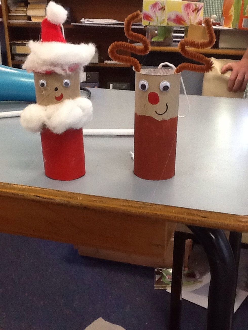 When you have glued your eyes down make a mouth and nose. If you don't have Googley eyes draw them in black texta. There you go if you want you can make a ball and play Santa bowling. Just paint it.