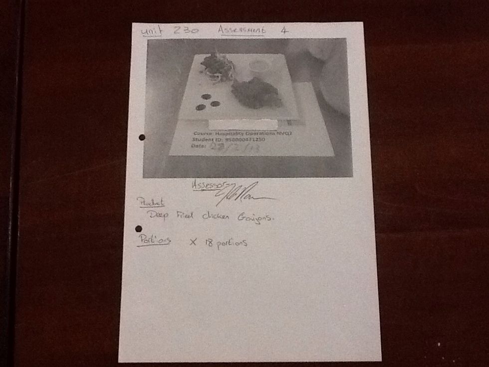 When you have produced an assessment dish (work product) use the iPad and place card to take a picture. You will be given a copy of this and you must write what it was and portions served. Evidence.