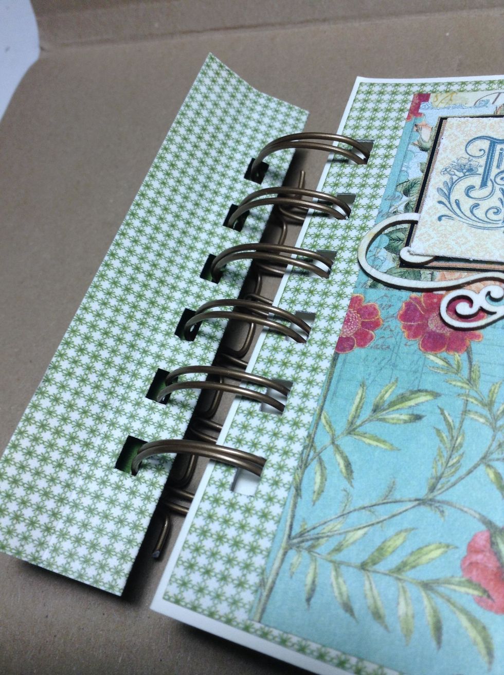 When you have punched all the inside pages(my book has 6 holes so I am going to cut the ring so that there are 6 loops) Place your stack of pages on the table right side up with the holes on the left.