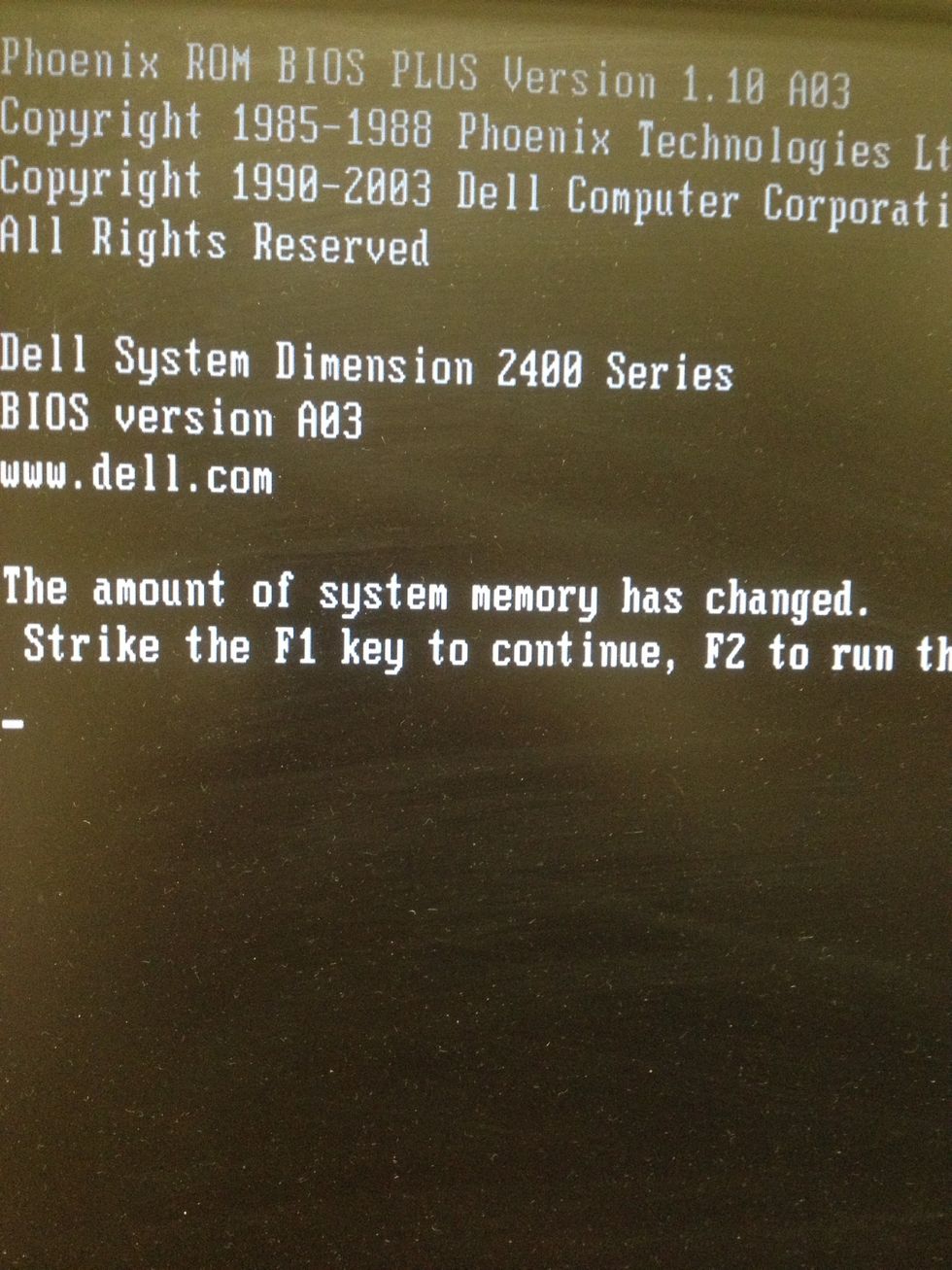 When you power up your computer you should see a message letting you know that the amount of memory has changed. Press F1 on the keyboard to continue..
