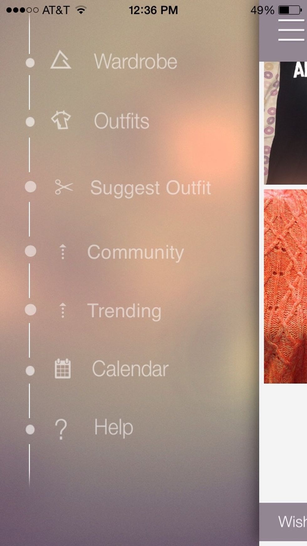 When you press the button in the inner top left corner, it brings you to this page. You can make outfits, the app can suggest outfits, you can put outfits into your calendar, and see what's trendy!