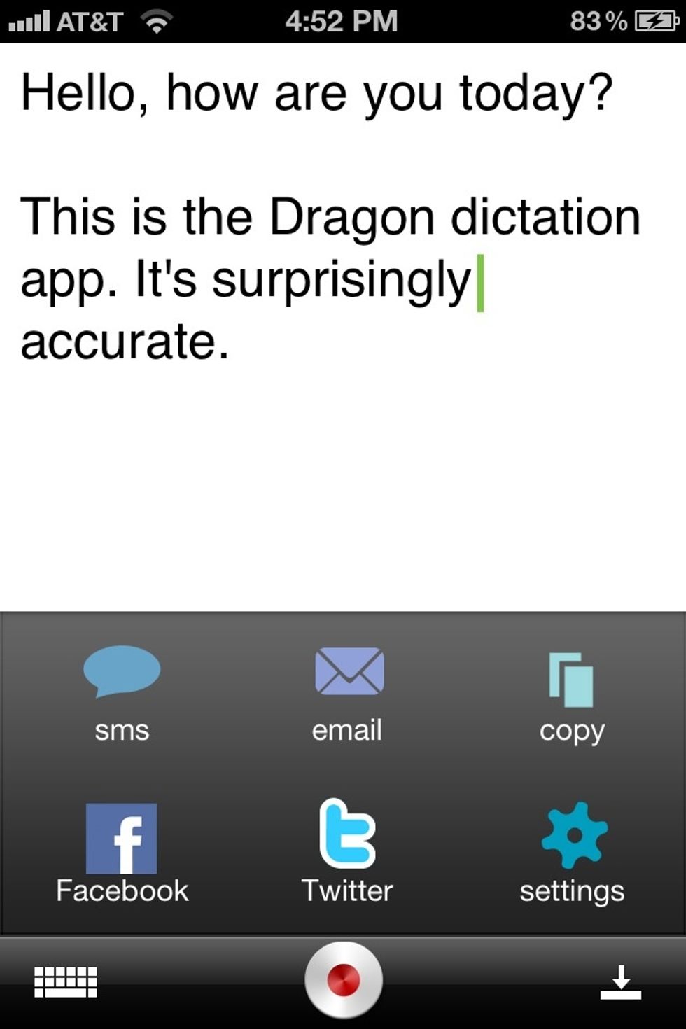 When you're finished tap the menu at the bottom right corner for your options. Copy it to paste in another app. Send with email or SMS. Or post directly to your social networks.