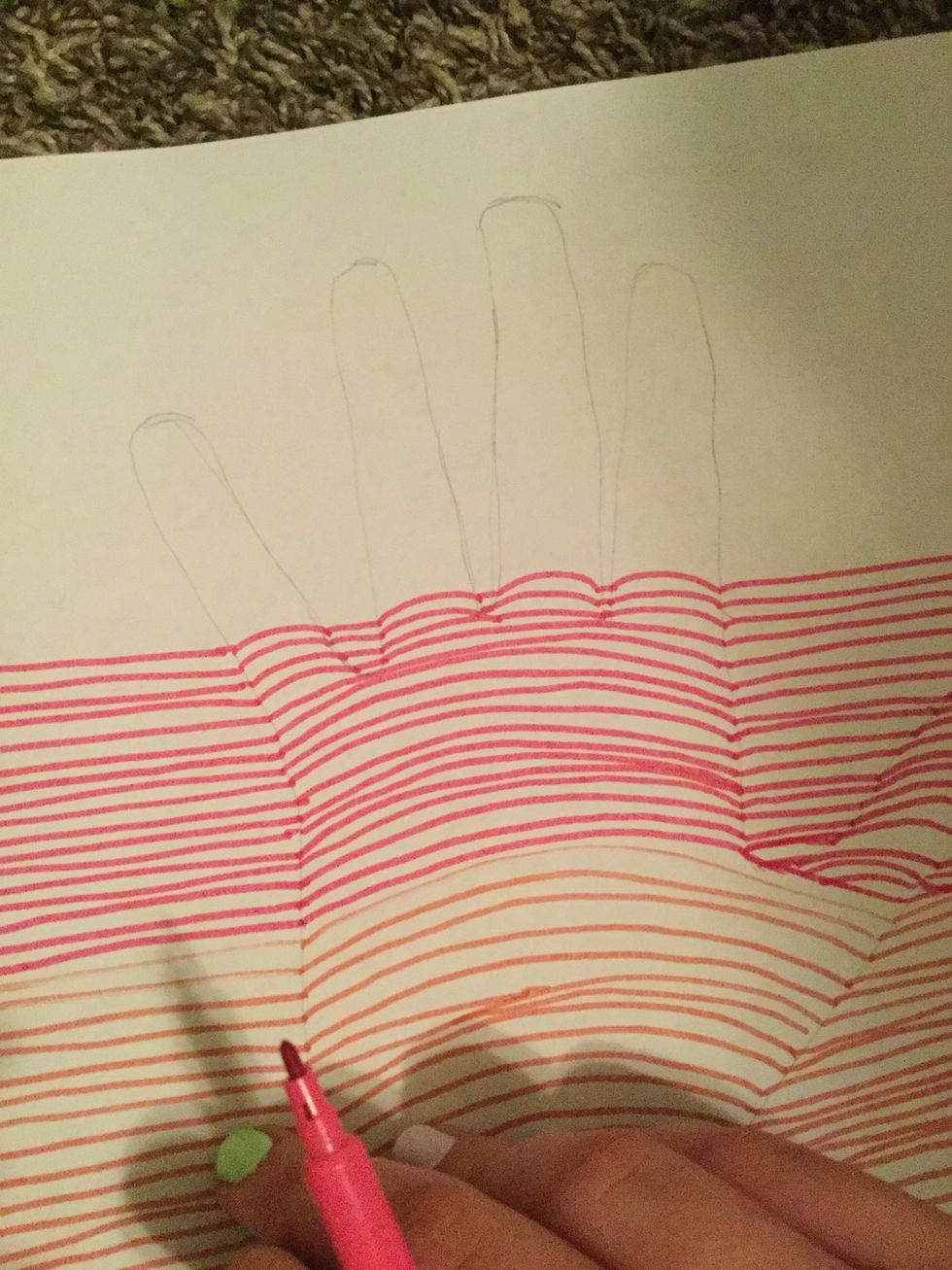 When you reach the other fingers, draw a straight line, a hump, a straight line, a hump, a straight line, a hump and a straight line and a hump. and then draw a straight line to the rest of the page