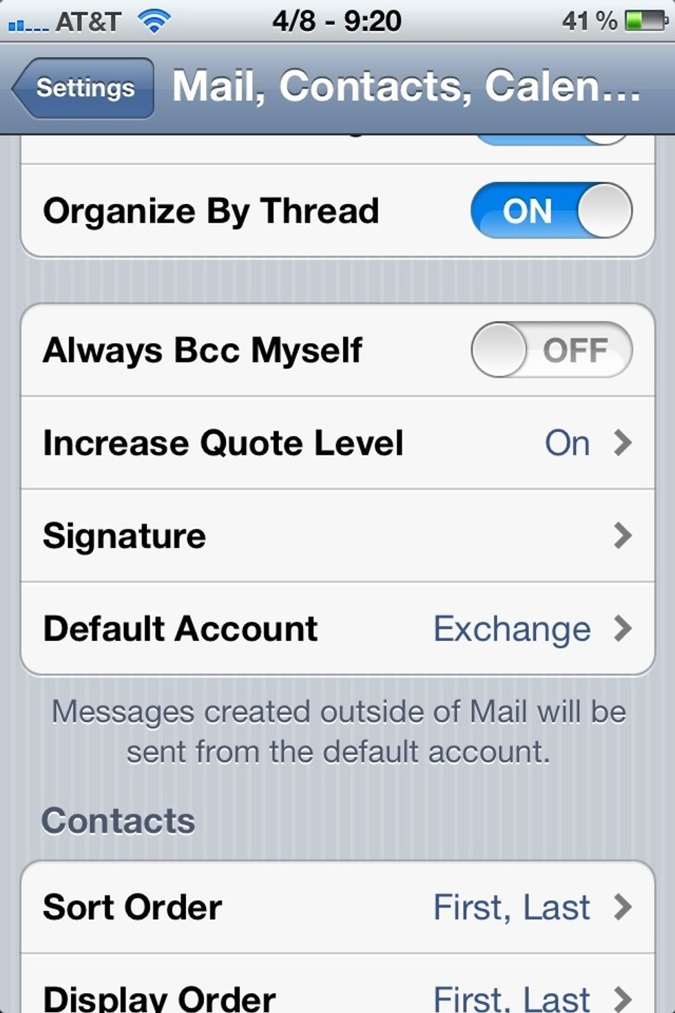 When you return to the Mail, Contacts, Calendars settings page, scroll down until you see the Mail sub-heading. Look for the 'Default Account' setting and tap it. If you don't see it, skip to step 12.