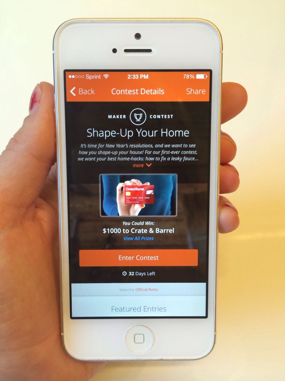 When you tap on the contest, you will be able to see more information, prize details, rules, and feature entries. To enter the contest, tap the orange button.