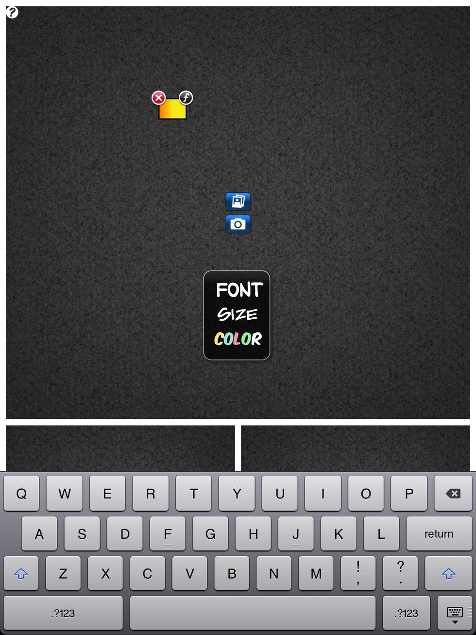 When you tap to edit the caption, the keyboard will activate allowing you to add text. Pressing the "f" button will activate the font dialog box allowing you to change font, size, and color