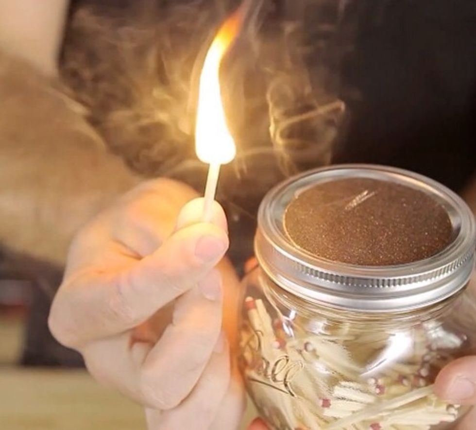 When you\u2019re ready to use a match, just take one from the jar, replace the lid, and strike the match on the sandpaper on the lid.