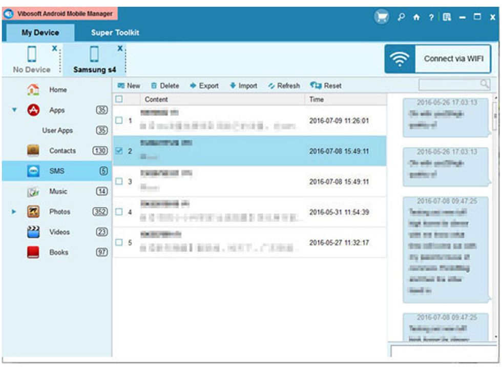 When you've done the above settings, you can click "Contacts" > "All SMS" to preview the whole text conversation. Select the file you want to backup on your personal computer, and then hit "Export" .