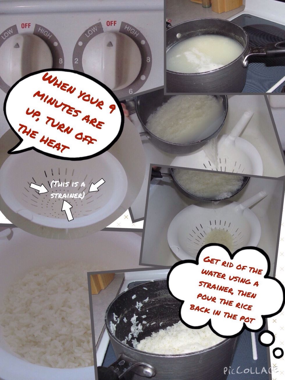 When your 9-10 minutes are up, turn off the heat for the rice. Get rid of the water by using a strainer, then pour the rice back into the pot.